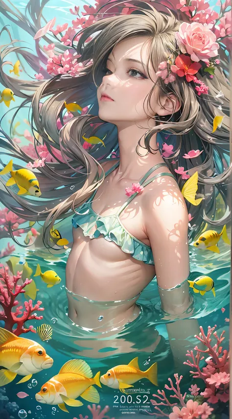 ((tmasterpiece)), ((Best quality)), Real and detailed mermaids swimming under the sea,Wearing a shell bikini,Spectacular coral beds under the sea,Surrounded by interesting schools of fish,The sun crosses the sea,Reflecting the beautiful and moving marine w...