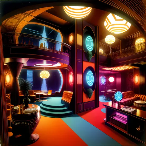 \1970retrofuturism large penthouse with dj booth for rave party and whiskey bar