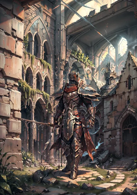 best quality, super detailed illustration, rusty knight, cracked armor, rust, castle ruin, heroic pose