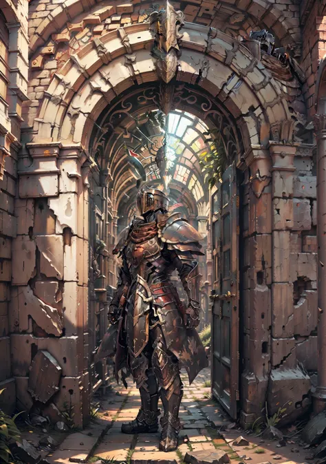 best quality, super detailed illustration, rusty knight, cracked armor, rust, castle ruin, heroic pose