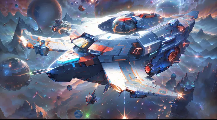 (kuvshinov:1), (samdoesart:1.1), (dreamlikeart:1) (GG unity:1.4) (extremely detailed CG unity 8k wallpaper),a small starship in a realistic Lithography sketch of futuristic world, [gears], concept art, pipes, neon machine engine core, detailed neon, photon...