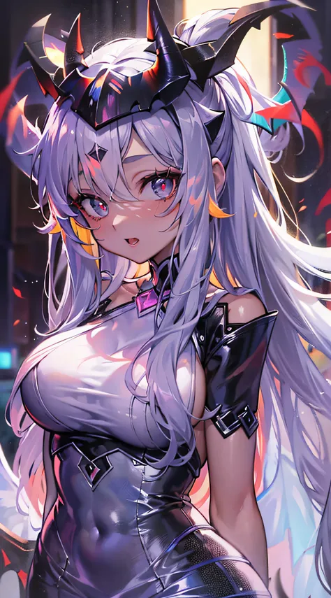 ((Masterpiece)), best quality, absurderes, ultra detailed, holographic, cowboy shot, demon girl, mature girl, super beautiful asian girl with very beautiful violet glowing eyes, beautiful glowing white multicolored hair, high ponytail, bueautiful glowing d...