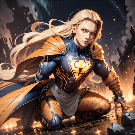 A mighty, agressive, gloomy Superman, blue eyes, long blonde hair, 4k, highly detailed armor, orange beige and golden details, artstation, hyperdetailed, 8k, beautiful lighting, artstation by Michelangelo, hyperdetailed, over the shoulder, fractal, vibrant...