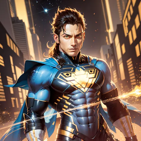 Um poderoso e agressivo Superman sombrio, masculino de cabelos loiros, homem de 21 anos de cabelos olhos azuis, longos cabelos loiros, 4k, Black latex dress with yellow neon holographs all over the body,, detalhes bege e dourado laranja, art-station, hiper...