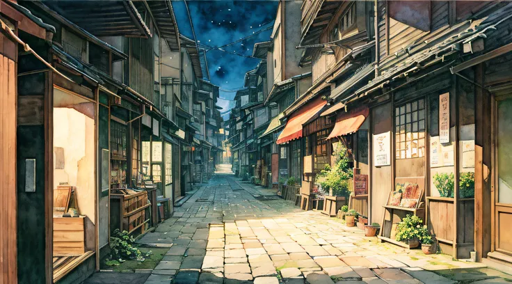 lonely shopping street、jpn、(early evening:1.2)、((natural lighting))、clear focus、(longshot:1.1)、(watercolor paiting)、(desolate:1....