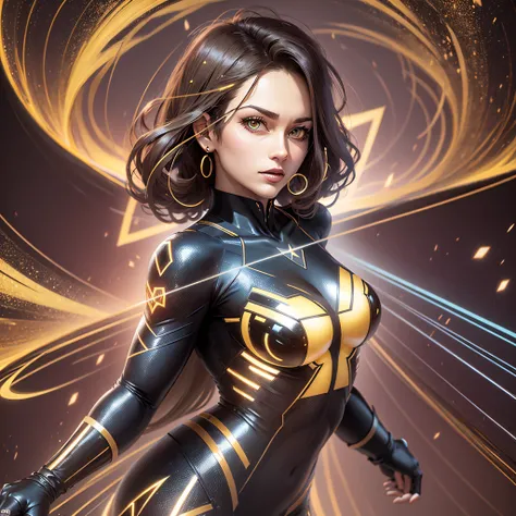 Um poderoso e agressivo Superman sombrio, olhos azuis, longos cabelos loiros, 4k, Black latex dress with yellow neon holographs all over the body,, detalhes bege e dourado laranja, art-station, hiperdetalhado, 8k, beautiful lighting, Michelangelo Art Stati...