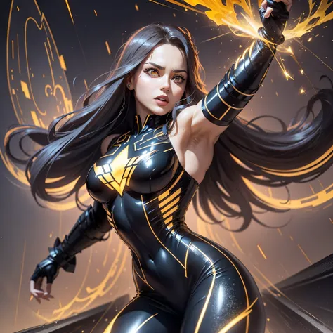 Um poderoso e agressivo Superman sombrio, olhos azuis, longos cabelos loiros, 4k, Black latex dress with yellow neon holographs all over the body,, detalhes bege e dourado laranja, art-station, hiperdetalhado, 8k, beautiful lighting, Michelangelo Art Stati...