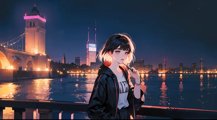 Anime girl smoking a cigarette in the city at night, Paisagem de Ilya Kuvshinov, Arte Digital Ilya Kuvshinov, menina lofi, artistic. Alena Aenami, Directed by: Alena Aenami, Estilo de Alena Aenami, Elogio Artstyle, inspirado em Alena Aenami, lofi girl aest...