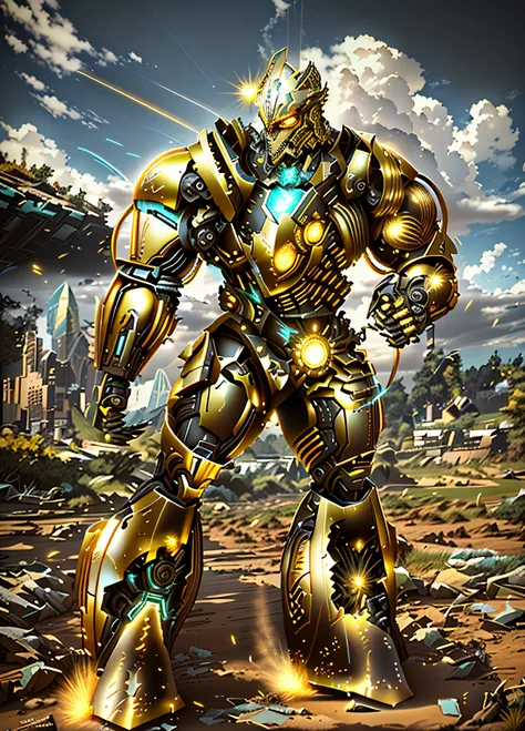 there is a robot that is standing in the dirt, painterly humanoid mecha, Deus grego no estilo mecha, Estilo Comic Book BattleMech, warforged, robot metallic armor, colorful muscular robot, tremendous mecha robot, armadura de metal brilhante, beautiful robo...