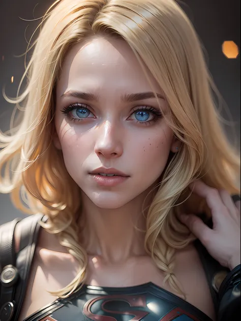 supergirl, blue eyes, blonde hair, (blonde girl:1.5), (realistic:1.2), close-up, (extreme close-up:1.2), (realism:1.2), (masterp...