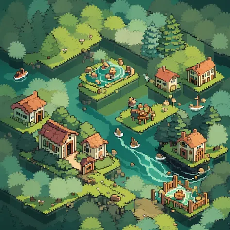 top quality, best quality, high-quality illustrations, masterpiece, mother2 map, town, load, car, river, pixel art, dots, quarte...