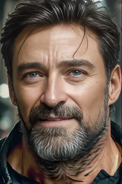 masterpiece, dslr photo, analog style, nikon d5, real photo, a photo of hugh jackman with a graying beard, dramatic lighting (85...