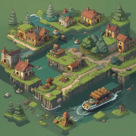 top quality, best quality, high-quality illustrations, masterpiece, mother2 map, town, load, car, river, pixel art, dots, quarte...