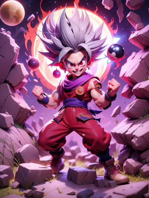 masterpiece, best quality, ultra-detailed, adult gohan 1boy, solo, full body, evil smile, grey hair, spiked hair, (((red eyes)))...