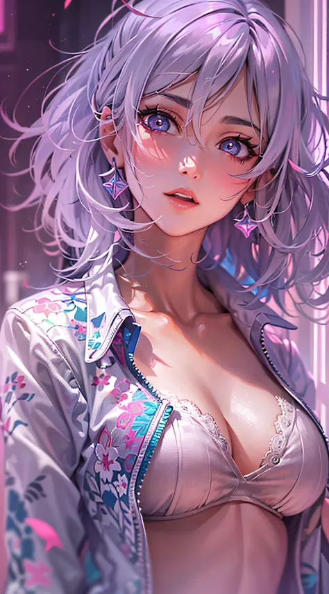 ((Masterpiece)), best quality, absurderes, ultra detailed, holographic, cowboy shot, super cute girl, mature girl, super beautiful asian girl with very beautiful violet glowing eyes, beautiful glowing white multicolored hair, nice and sexy body, slim body,...