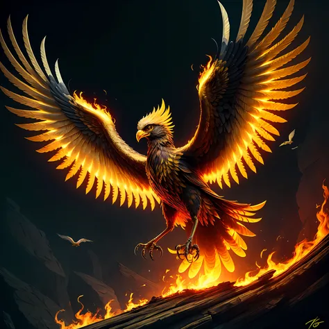 phoenix, masterpiece, best quality, solo, full body, yellow eyes, wings, no humans, glowing, bird, fire, animal focus, beak, hyper detailed, insanely detailed