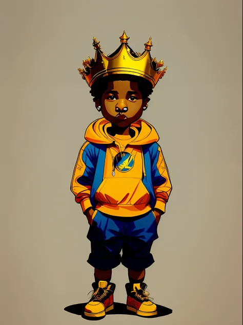 picture of a boy standing, with a golden crown on his head, vestindo roupas estilo hip-hop, com uma corrente dourada