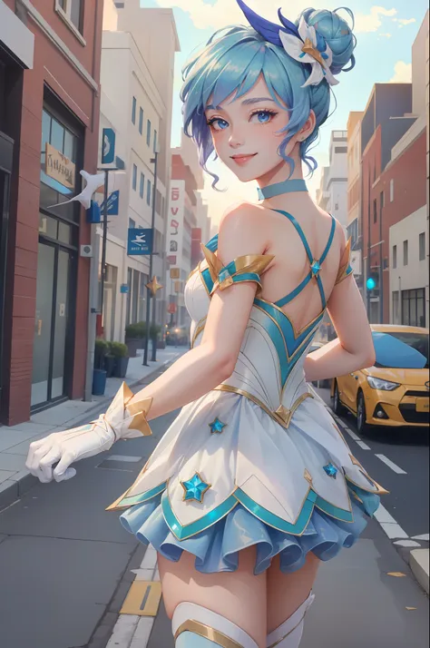 (masterpiece:1.4), (best quality:1.2), star guardian orianna, blue hair, hair-bun, ballerina, short dress, white gloves, smile, ...