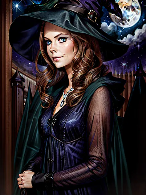 beautiful female witch, long red hair, big black witch hat, facing camera, night sky, full moon, highly detailed, royo