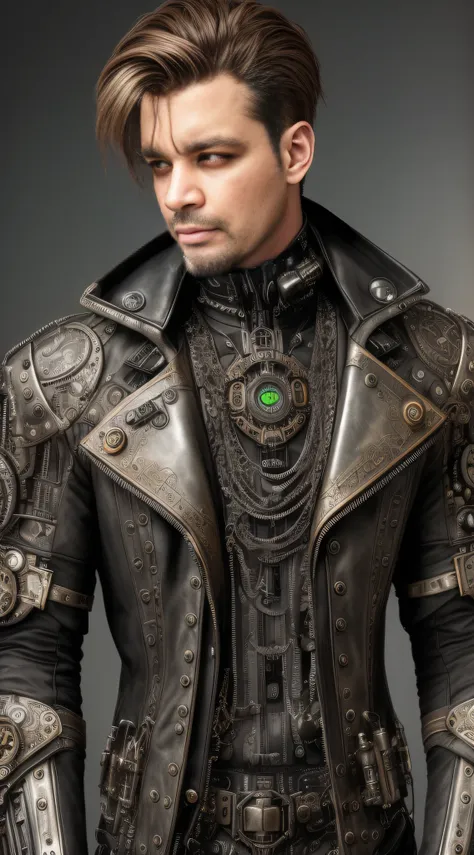 depressed attractive cybernetic man looking down, (steampunk cyborg:1.2), (intricate details), hdr, (intricate details, hyperdet...