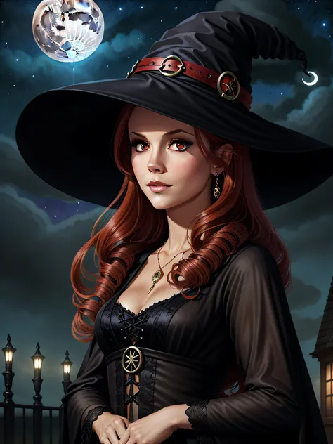 beautiful female witch, long red hair, big black witch hat, facing camera, night sky, full moon, highly detailed, royo