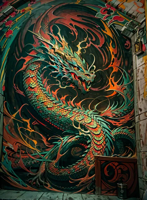 dragoned, chiaroscuro,2.5d cinematic scene - filmed in the dark), oriental dragon high resolution mural painting,((muros de um c...