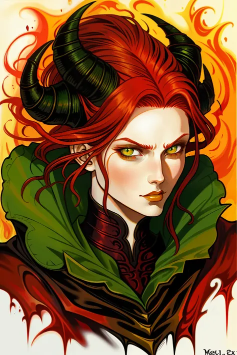 molten, lava, red haired girl with green eyes and black horns, gerald brom