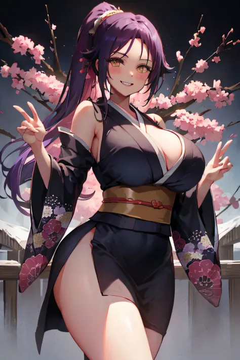 yoruichi shihouin, dark skin, 1girl in, solo, kimono, ,  breasts, cleveage,  hair between eye, large breasts, (((ridiculously la...