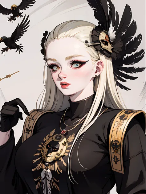 painting of a blonde woman with black , feathers , black feathers ,dark , feathers ,crow,crows ,gold mask,mask