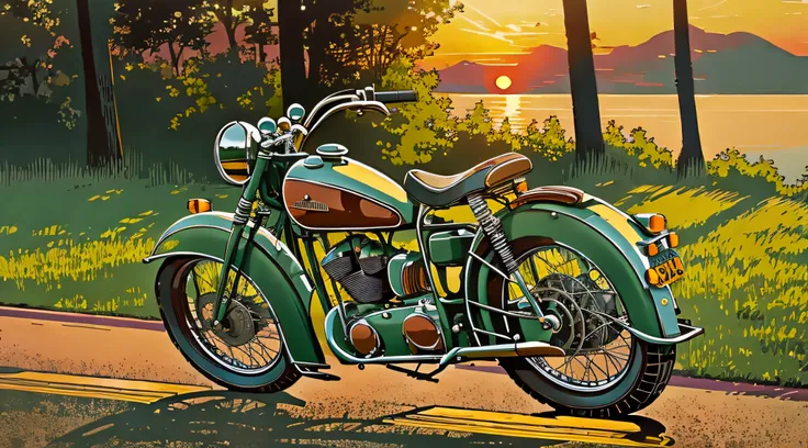 art style tonalism, tonalism art, sunset, ultra-realistic vintage motorcycle 40s