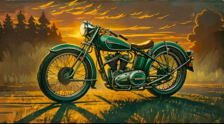 art style tonalism, tonalism art, sunset, ultra-realistic vintage motorcycle 40s