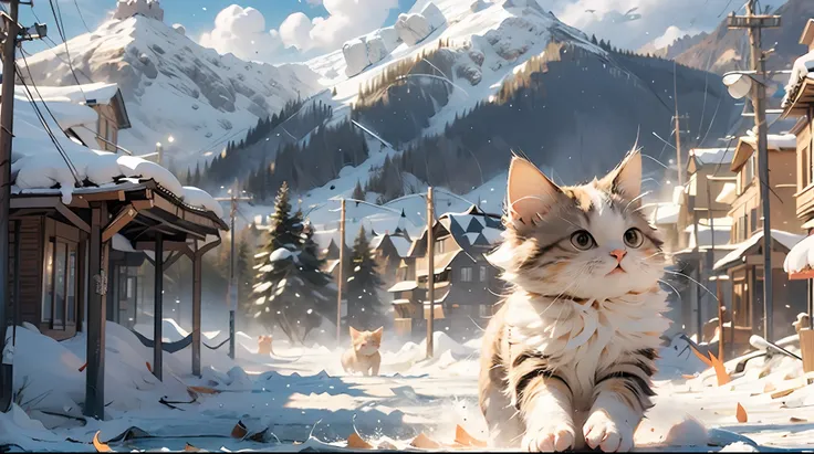 (masterpiece:1.2, high quality),cat,snow mountain,running,cute,(orange and white short hair),ancient structure