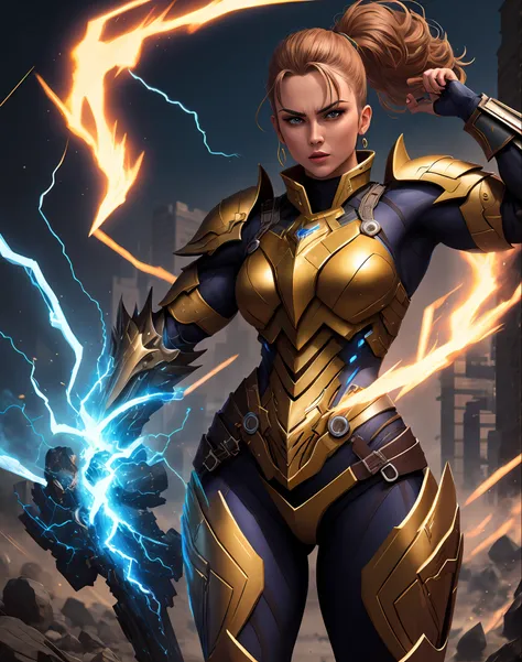 4k, masterpiece, highres, absurdres, 
edgthunderstruck, a woman flexing, with a blue and gold armor ,wearing edgthunderstruck_ar...