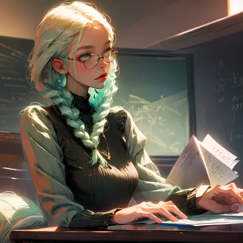 Blonde hair, Light green eyes, Twisted braids, Student girls, Classroom, mathematics
Math problems,Triangular ruler glasses --auto