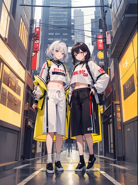 femele,navel clothes,,fashionable,high-level image quality,the background is a city typical of tokyo,firmament,​​clouds,((clothe...