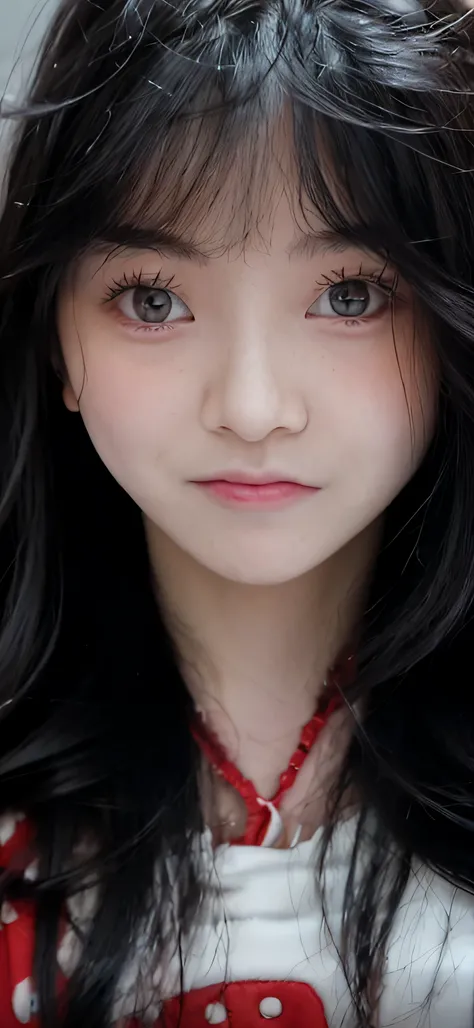 Close up of a woman with long black hair and red polka-dot shirt, with round face, pale round face, with small nose, ulzzangs, Korean symmetrical face, Asian face, soft eyes and narrow chin, jaeyeon nam, close-up face, wan adorable korean face, Face pictur...