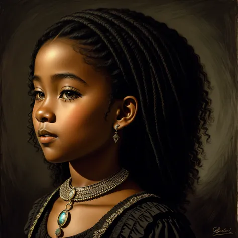 (A detailed drawing of a black child, retrato :1) , detalhado, Historical illustration, gotic, magica, hiperrealista, 8k, europa, (bonito),