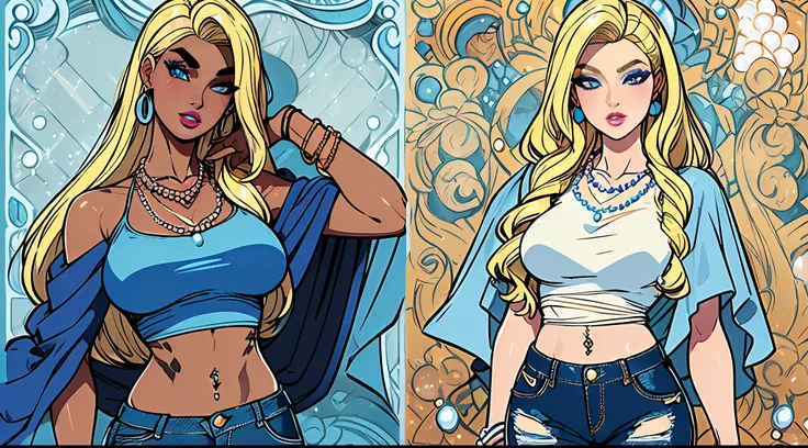 (Ultra-realistic skin tone:1.3),(tee shirt:1.2),(denim pant:1.2),(Bronzed complexion:1.2),(Wrist clasp:1.1),(Jewelry:1.1),(Long hair shawl:1.2),(Beautiful lines:1.1),(putting makeup on:1.1),(blond hairbl,eyebrows very:1.4),(blue color eyes:1.3),(Alvine:1.1...
