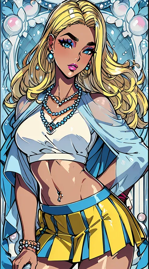 (Ultra-realistic skin tone:1.3),(Baseball Shirts:1.2),(mini-skirts:1.2),(Bronzed complexion:1.2),(Wrist clasp:1.1),(jewelry:1.1),(Long hair shawl:1.2),(Beautiful lines:1.1),(putting makeup on:1.1),(blond hairbl,eyebrows very:1.4),(blue color eyes:1.3),(Alv...