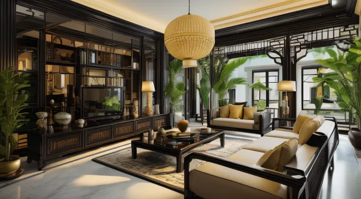 (( masterpiece)) (( ultral realistic)) (( sharp forcus)) (( high detail)) livingroom in indochina style,china , vietnam, black wooden furniture, wallpaper, patent,glossy, ceramic tiles floor,