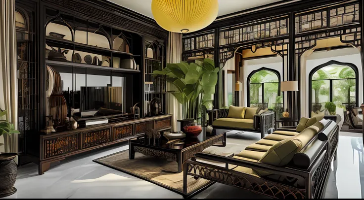 (( masterpiece)) (( ultral realistic)) (( sharp forcus)) (( high detail)) livingroom in indochina style,china , vietnam, black wooden furniture, wallpaper, patent,glossy, ceramic tiles floor,