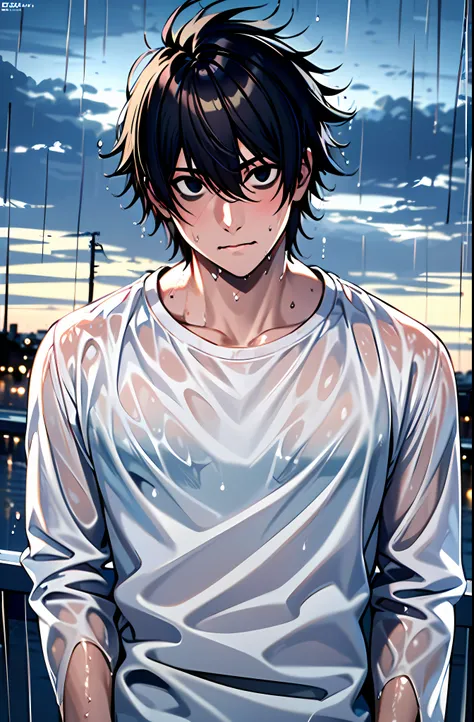 (masterpiece,best quality, detailed), 1boy, male focus, outdoors, upper body, rain, cloudy sky, cityscape,
l lawliet, white shirt, wet shirt, wet clothes, wet, wet hair, jeans, wide-eyed, long sleeves, serious, closed mouth