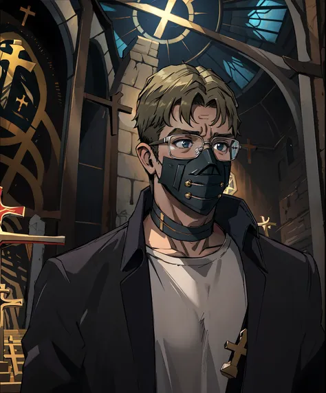 masterpiece, man , best quality, choker, gloves, face mask, glasses, naked chest, take off shirt, church cultist, halo, cross, i...