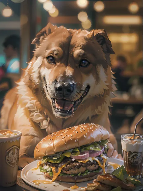 a professional photo of [(((buff swoledoge))):buff swoledoge:8], grinning, dog body, eating a large burger in a restaurant, cine...