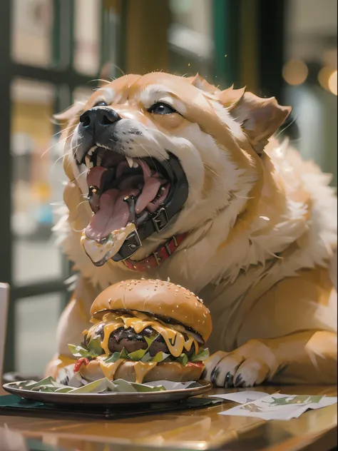 a professional photo of [(((buff Swoledoge))):buff Swoledoge:8], grinning, dog body, eating a large burger in a restaurant, cinematic dramatic light, smooth transition, bokeh