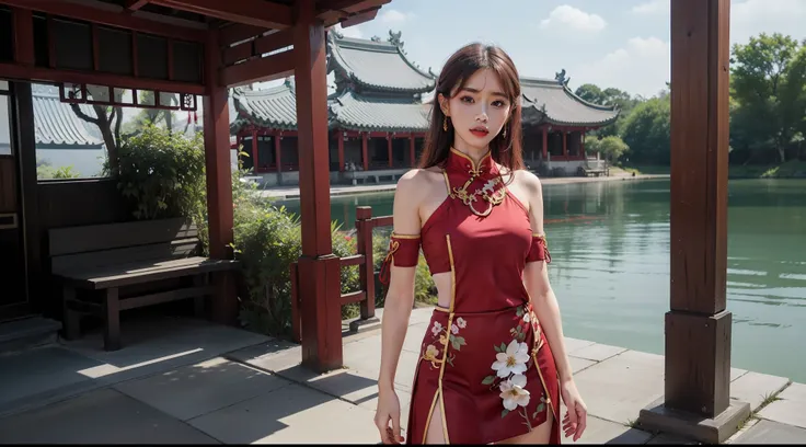 1womanl，cropped shoulders，white sleeves，full bodyesbian，the background is east asian architecture，chinese knot，red colour，pale c...