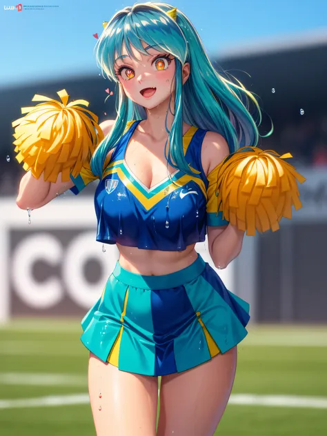 lum invader, detailed, anime, (ripped cheerleader uniform: 1.2), masterpiece, best quality, open mouth, fang, ultra-detailed, ye...