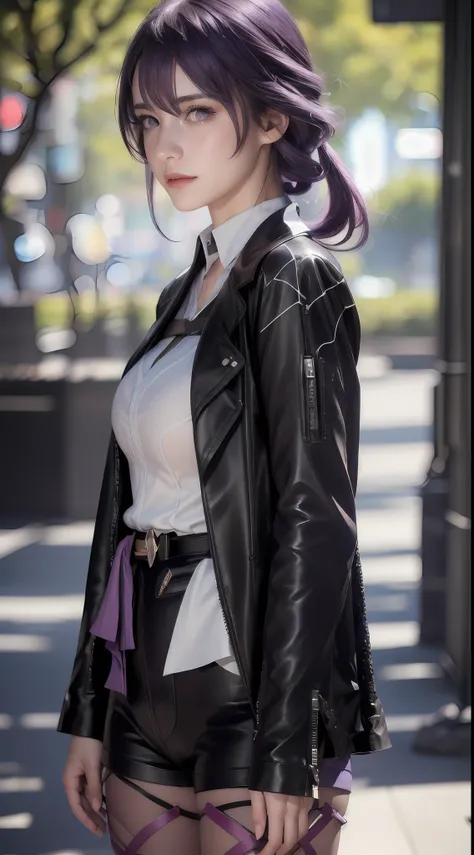 (photorealistic:1.4), raw photo, 1girl, purple eyes, purple hair, (eyewear on head), stellaron hunters outfit,  black jacket, ja...