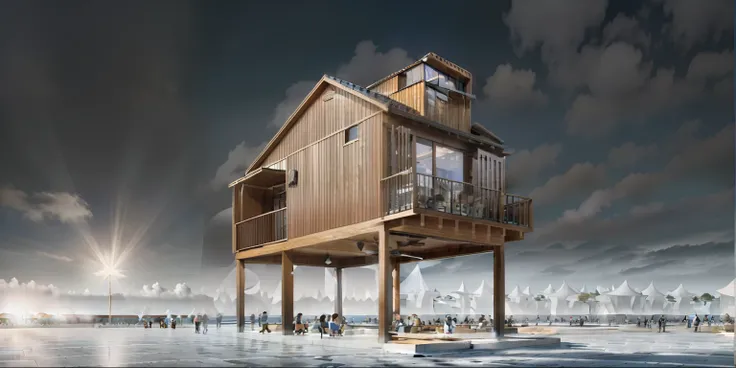 wooden house, cafe, crowded, surreal, 8k, HD, corona