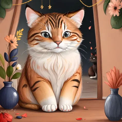 Create a charming illustration of a Repentant Cat in a cozy home setting. The cat is portrayed with an expression of remorse, talvez sentado perto de um vaso de flores derrubado ou de uma tigela de leite derramada. Envolva o gato com elementos que reflitam...